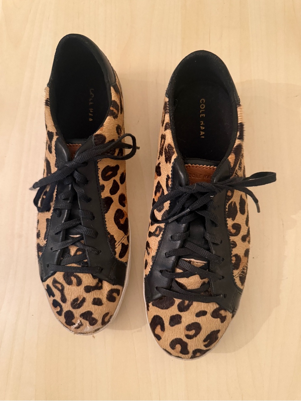 Cole Haan Leopard Print Leather-Trim Sneakers - Tan/Black size 10